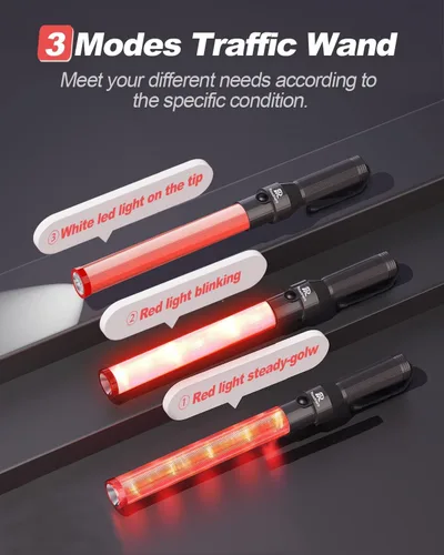 Miniatura 5 de RoadHero Paquete de 4 Bastones de Tráfico, Bastones de Control de Tráfico LED de 16 Pulgadas, Varitas de Luz de Seguridad Nocturna con 3 Modos