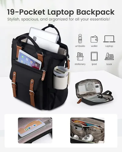 Miniatura 4 de LOVEVOOK Mochila para computadora portátil para mujer, mochila para profesores, enfermeras, trabajo, viajes, mochila para computadora, Negro, marrón