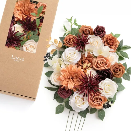 Miniatura 42 de Ling's moment Caja de Flores Falsas, Tallos de Vegetación Artificial Falsa Rosas de Espuma Dalia Hortensia de Seda Peonía Flor de Tela para Centros