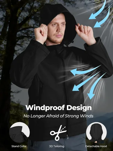 Miniatura 4 de Chaqueta impermeable de softshell para hombre, resistente al viento con forro polar para invierno con capucha, ligera y cálida
