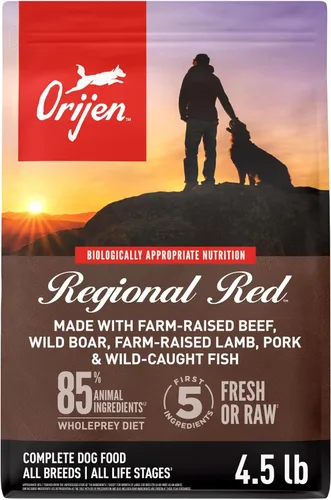 ORIJEN Comida seca para perros sin granos, sin aves, con alto contenido de proteínas, receta regional roja, bolsa de 4.5 libras