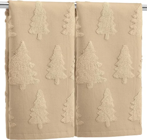 Breling 2 toallas de mano de Navidad, color beige, árboles de Navidad, toallas decorativas para baño, 100% algodón, absorbente, tejido jacquard,