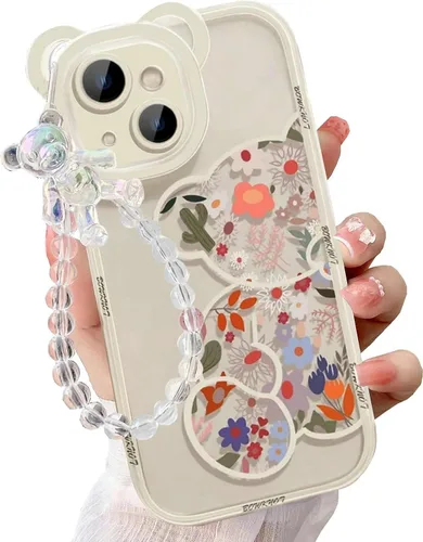 Miniatura 9 de Funda compatible con iPhone 8 Plus, bonito protector de cámara con diseño de oso de flores transparentes con bonita correa y cadena para niñas