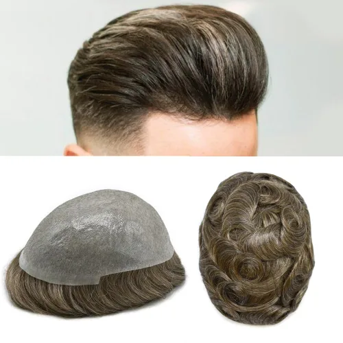 Miniatura 24 de Pieza de pelo para hombre, sistema de reemplazo de cabello de piel ultra fina para hombres, pieza de pelo de tupé para hombres, cabello humano real