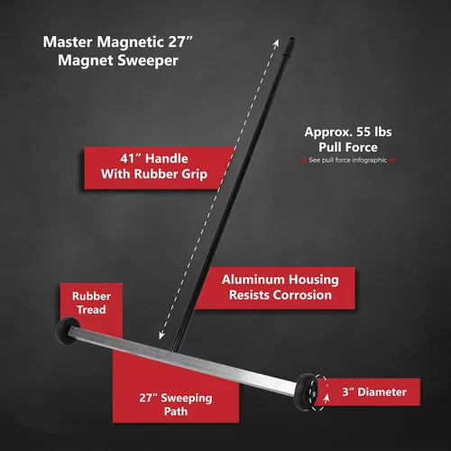 Miniatura 6 de Master Magnetics Barredora magnética, 27 pulgadas de ancho tipo empuje, mini escoba magnética con ruedas, herramienta de recogida industrial
