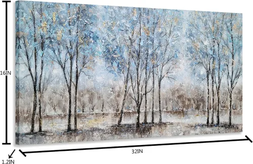 Miniatura 2 de NdcSkyArt Lienzo decorativo para pared con diseño de bosque, pinturas abstractas de árboles texturizadas pintadas a mano con lámina dorada