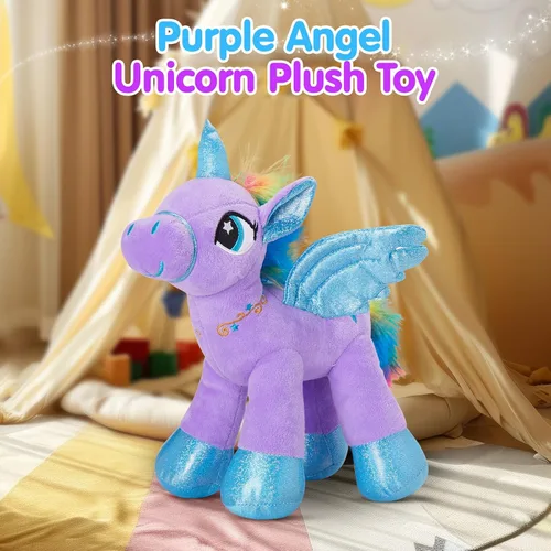 Miniatura 7 de Houwsbaby Peluche de unicornio con luz LED púrpura de 14 pulgadas, juguete de peluche de unicornio, juguete de peluche de caballo brillante, luz