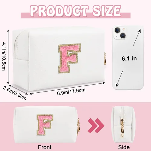Miniatura 2 de Biileen Bolsa de Maquillaje Preppy Personalizada con Inicial Pequeña Bolsa de Viaje Linda con Letra de Chenilla, blanco-1, F