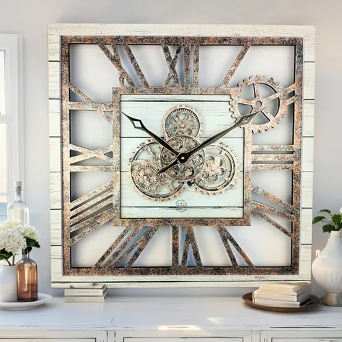 ImprovingLife The Gears Clock - Reloj de pared cuadrado con engranaje móvil real de 24 pulgadas, estilo vintage, industrial, de gran tamaño, casa de
