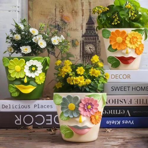 Miniatura 4 de GUGUGO Macetas únicas de cara para plantas, coloridas y lindas macetas para suculentas con drenaje, macetas abstractas de cabeza de arco iris