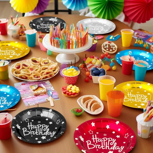 Miniatura 6 de Platos de papel de fiesta de feliz cumpleaños, platos de postre coloridos, 50 piezas de 7 pulgadas, 50 piezas de suministros de fiesta, cinco