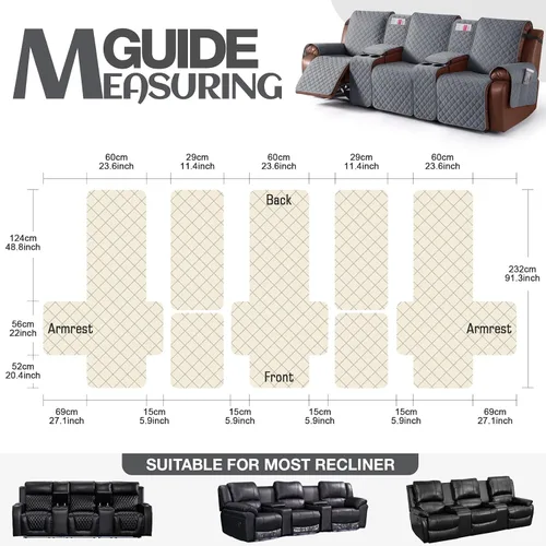 Miniatura 6 de KinCam Funda 100% impermeable para sofá reclinable con consola, fundas para sofá reclinable antideslizante para 3 asientos, protector de muebles