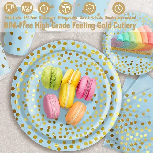 Miniatura 3 de AIRE 175 piezas de platos de papel azules y dorados, juego de vajilla para 25 invitados, decoraciones para fiestas, platos de papel, suministros