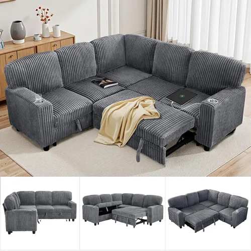 Miniatura 11 de Sofá modular de 81 pulgadas, sofá cama de 5 plazas en forma de L con cama extraíble, almacenamiento oculto, portavasos y puertos de carga USB, sofás