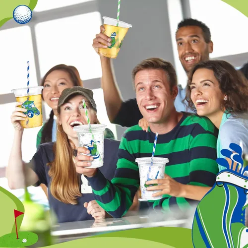 Miniatura 5 de Honeydak Juego de 150 tazas temáticas de golf, 50 tazas desechables transparentes de 16 onzas con 50 tapas y 50 pajitas de papel, regalos de fiesta