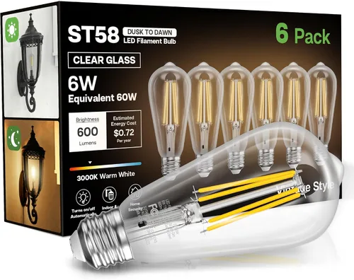 Miniatura 17 de Bombillas del amanecer al anochecer, 6 W equivalente a 60 W, blanco suave 2700 K, base E26, detección de luz, estilo vintage ST58, 600 lm, bombillas