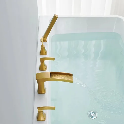 Miniatura 5 de Grifo de bañera romana, relleno de bañera de cascada de oro cepillado, grifos de baño de latón de 5 agujeros con ducha de mano