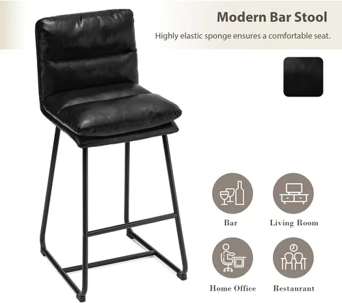 Miniatura 7 de Glitzhome Juego de mesa y sillas de comedor, mesa redonda de acero negro con parte superior de madera de olmo sólido y taburetes de bar de cuero