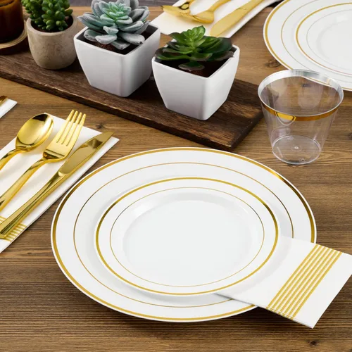 Miniatura 4 de FOCUSLINE Juego de 102 platos de plástico dorados, desechables, resistentes, 51 platos llanos y 51 platos de postre, elegante plato de plástico