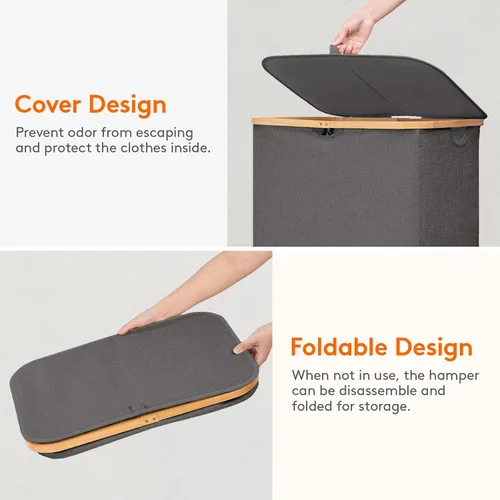 Miniatura 7 de Lifewit Cesta de ropa de 120L con tapa, cestas de ropa para lavandería con asas de bambú y una bolsa de lavandería extraíble, cesta plegable grande
