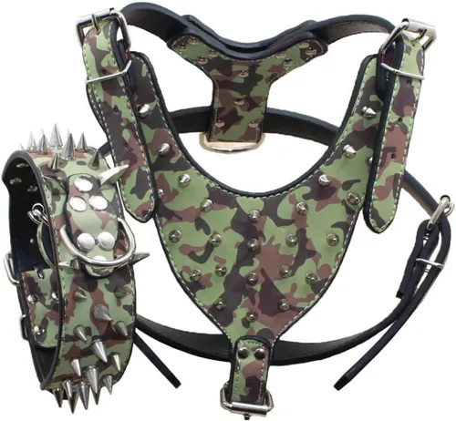 Collares de perro con tachuelas de piel sintética, arneses a juego para perros medianos y grandes, Pit Bull, Mastín, Boxer, Bull Terrier (camuflaje