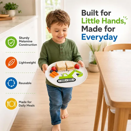 Miniatura 6 de Tiny Expressions - Placas de construcción para niños pequeños - Juego de 4 platos de melamina para niños - Excavadora, mezcladora de cemento