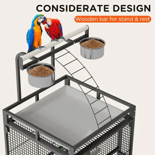 Miniatura 4 de Jaula grande de hierro forjado de 60 pulgadas para pájaros con soporte rodante, jaula de loro de metal con parte superior de juego y 4 cuencos