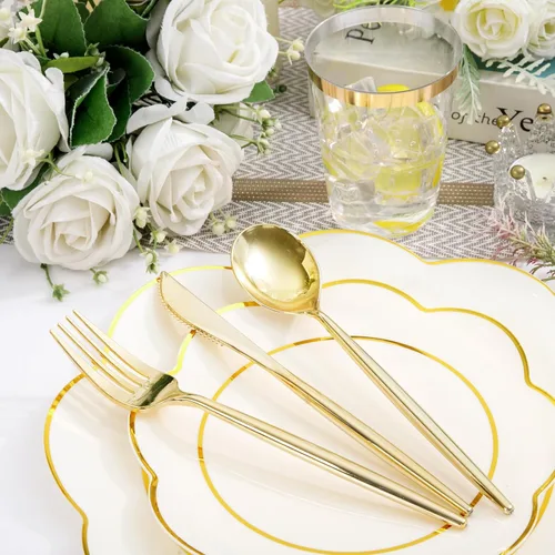 Miniatura 2 de ejonirinjonir EI - 180 platos de plástico beige con cubiertos de plástico dorado, platos desechables de alta resistencia para fiestas, juego