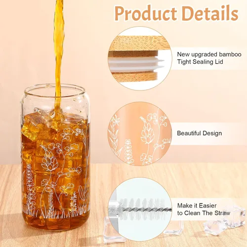 Miniatura 3 de Bokon 3 tazas de vidrio para regalo de dama de honor de 16 onzas, tazas de café helado floral con tapas de bambú y cepillo para pajitas, lindos
