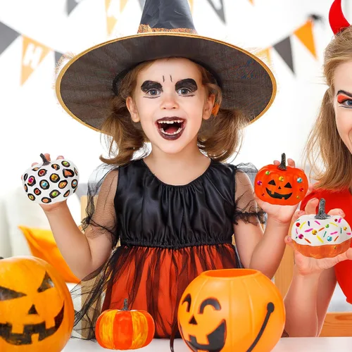 Miniatura 3 de Winlyn 8 juegos de pintura de calabaza de 4 pulgadas, manualidades de otoño, pintar tus propias calabazas de Halloween, calabazas de espuma blanca
