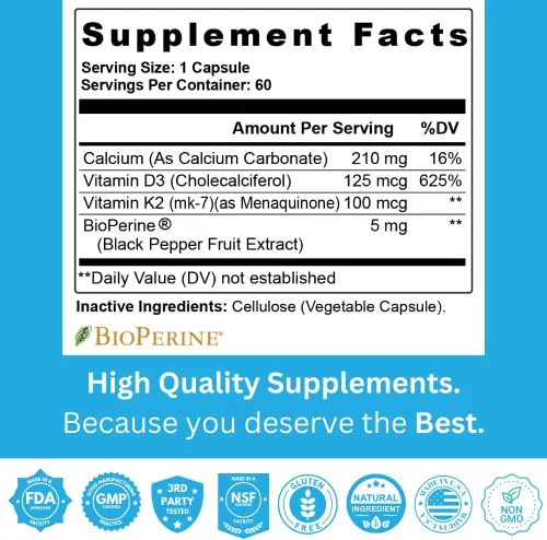 Miniatura 5 de Vitamina K2 D3 con calcio y bioperina, vitamina K2 (MK7) con suplemento D3 sin OMG, vitamina D3, vitamina K2 MK-7 fácil de tragar vitamina D