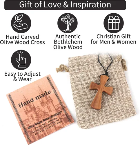 Miniatura 3 de Collar con colgante de cruz de madera natural tallada a mano para hombres y mujeres