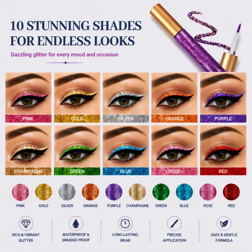 Miniatura 2 de BestLand - Delineador de ojos con purpurina líquida, 10 colores metálicos brillantes con purpurina, sombra de ojos pigmentada, brillo para cejas