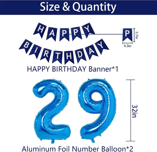 Miniatura 4 de Decoraciones de fiesta de cumpleaños azul número 29 para hombres y mujeres, suministros de globos de feliz cumpleaños 29 con pancarta de feliz