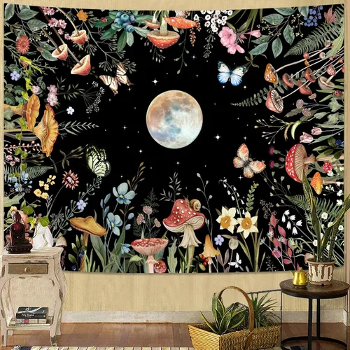 Miniatura 2 de AMM Tapiz de jardín con luna iluminada por la luna, plantas verdes botánicas, hongos, flores, tapiz para colgar en la pared, color negro