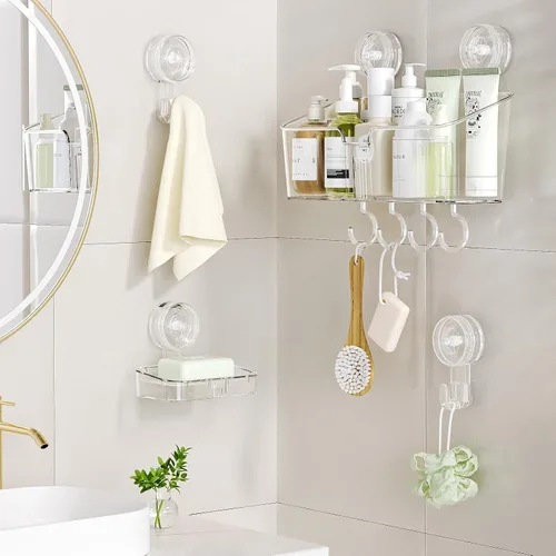 Miniatura 2 de LUXEAR Organizador de ducha con ventosa, sin perforaciones, organizador de ducha de sujeción fuerte con ganchos y jabonera, drenaje rápido