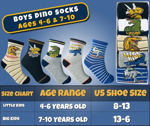 Miniatura 5 de Calcetines de dinosaurio para niños de 4 a 7 años, el mejor regalo de 7 a 10 años, calcetines de algodón para niños, paquete de 5