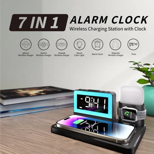 Miniatura 2 de Estación de carga rápida inalámbrica, reloj despertador 7 en 1 con soporte de cargador inalámbrico, base de carga para Apple, para múltiples