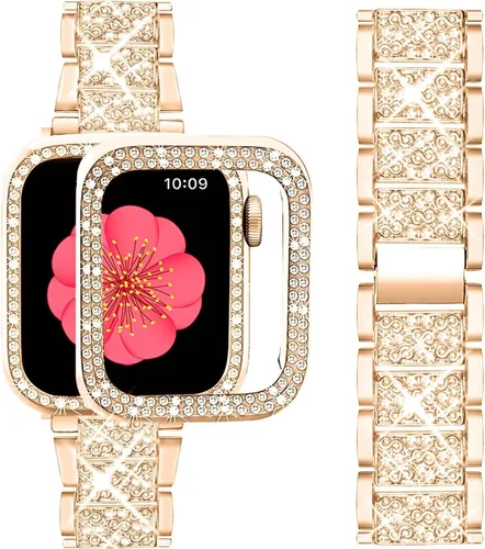 Miniatura 19 de SUPOIX - Correa compatible con Apple Watch de 1.49 pulgadas + funda, joyería para mujer con diamantes brillantes, bandas de metal y 2