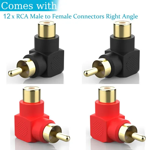 Miniatura 2 de Conectores RCA macho a hembra en ángulo recto, paquete de 12 adaptadores RCA M/F de 90 grados, codo chapado en oro (6 negros + 6 rojos)