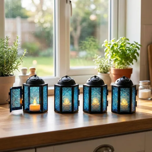 Miniatura 4 de VELA LANTERNS - Juego de 4 linternas para velas tea light, estilo mini marroquí, de 4.25" de tamaño pequeño, decorativas para mesa o colgar, metal