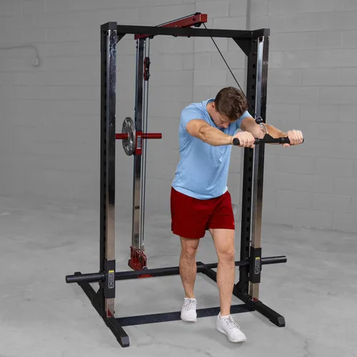 Miniatura 2 de Body-Solid Best Fitness BFSM250P2 Smith Machine con accesorio LAT para gimnasio en casa, entrenamiento de fuerza con barras de seguridad