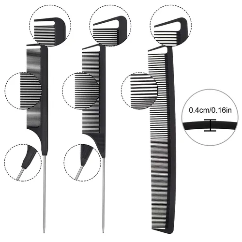 Miniatura 2 de Patelai Juego de 12 peines de cola de rata, peine de separación para trenzar peines de dientes finos con cola de acero resistente al calor, Negro