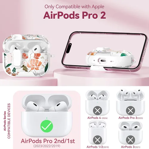 Miniatura 2 de con bloqueo de seguridad para funda de AirPods Pro 2ª 1ª generación, funda transparente floral linda para AirPods Pro 2 con soporte para teléfono