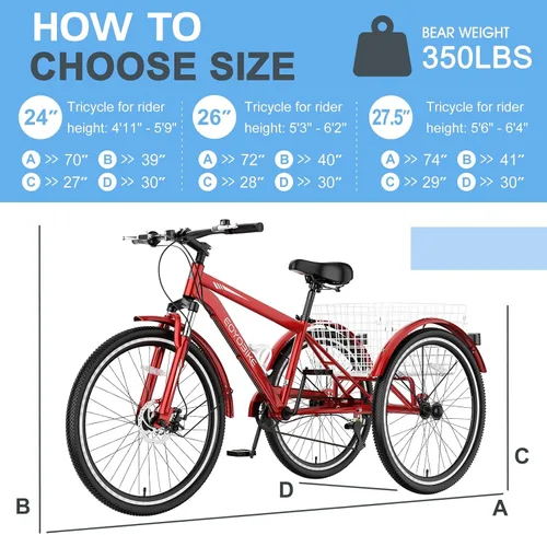Miniatura 6 de Slsy Triciclo de montaña para adultos, bicicleta de tres ruedas de 7 velocidades, triciclos para adultos de 24/26 pulgadas para personas mayores