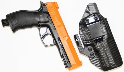 Miniatura 3 de REVKEL Custom IWB/AIWB Kydex Holster CCW para pistola de bolas de pimienta UMAREX T4E PDP50 con garra Modwing. Hecho a mano en Texas, EE. UU.