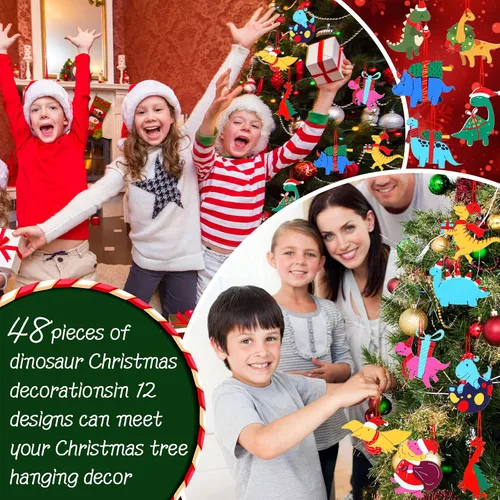 Miniatura 4 de 48 piezas de adorno de dinosaurio de Navidad para niños, adornos de dinosaurio de madera, figuras de dinosaurio, adorno colgante de madera