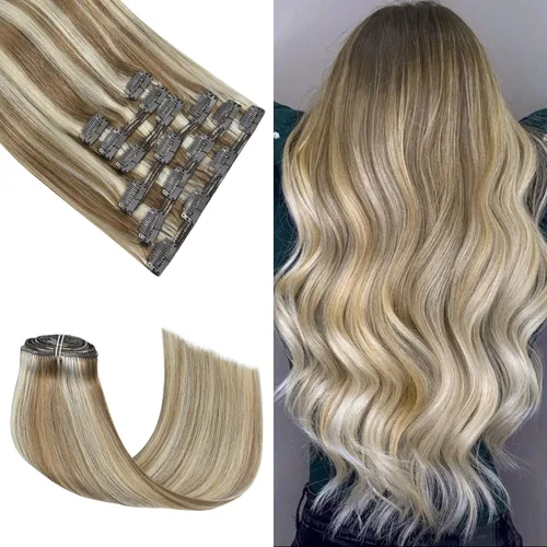 Miniatura 31 de Honsoo Extensiones de cabello humano real de color marrón con pinzas, marrón castaño, 15 pulgadas, 70 g, 7 unidades, cabello lacio sedoso y marrón