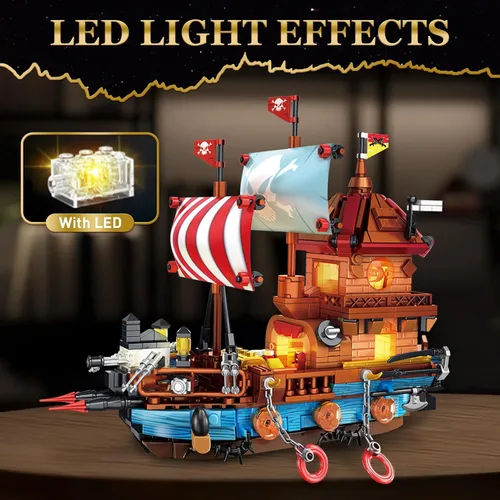 Miniatura 3 de Vziimo Juegos de construcción de barcos piratas con luces, modelo creativo de barco, barco pirata, juguetes de construcción para decoración