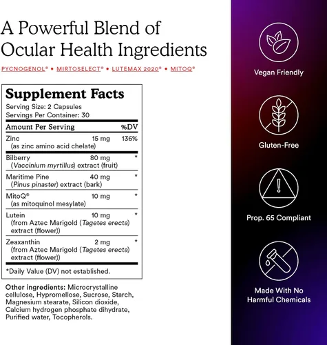 Miniatura 5 de MitoQ +Eye – Suplemento de salud ocular con luteína y zeaxantina (proporción 5: 1), arándano, corteza de pino marítimo, zinc, mitoquinol Apoya